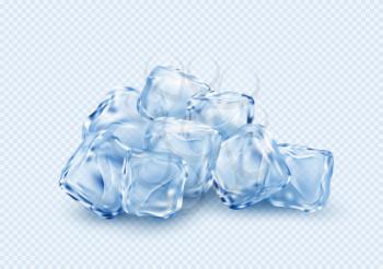 Group of ice transparent clear cubes isolated on light blue transparent background. Vector illustration EPS10