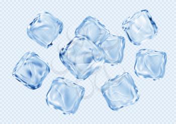 Set of ice transparent clear cubes isolated on light blue transparent background. Vector illustration EPS10
