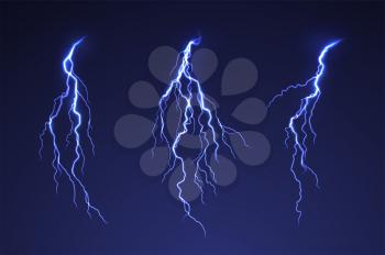 Lightning thunderstorm on dark background. Blue thunderbolt flare. Blue abstract background glow light effect electric lightning. Vector illustration EPS10
