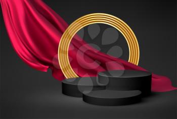 Background 3d black podium product and realistic red silk flying drape fabric, golden cirkle frame on the black background. Modern black podium, great design for any purposes. Vector illustration EPS10