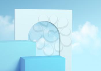 Blue product podium showcase on the background of clear sky with clouds. Podium show cosmetic product 3d realistic Vector illustration EPS10