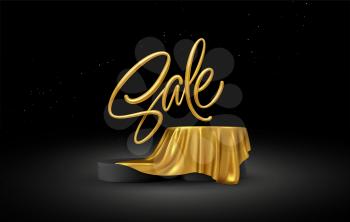 Realistic 3D Sale Gold lettering with product podium display covered golden fabric drapery folds on black background. Vector illustration EPS10