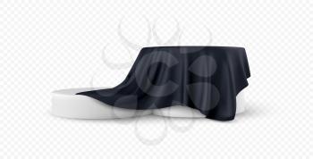 Realistic 3d round white product podium display covered black fabric drapery folds isolated on white background. Vector illustration EPS10