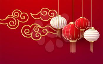 Chinese new year design template with and red lanterns andgolden cloud on the red background. Translation of hieroglyphs Happy New Year. Vector illustration EPS10