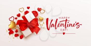 Valentines day design template with gift box with red bow, gold and red hearts on white background. Vector illustration EPS10