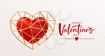 Valentines day template design with red heart and gold low poly heart shape frame. Vector illustration EPS10
