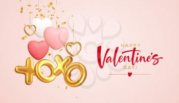 Design concept for a poster background for Valentines Day with gold, red different heart shapes and an inscription xoxo from gold foil balloons. Vector illustration EPS10