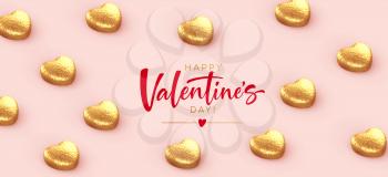 Background for Valentines Day banner, poaster, postcard made of heart-shaped chocolates wrapped in gold foil with the inscription Happy Valentines Day on a pink background. Vector illustration EPS10