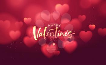 Bokeh Blurred Heart Shape Shiny Luxurious Background for Valentines Day congratulations. Handwriting lettering Happy Valentines Day. Vector illustration EPS10
