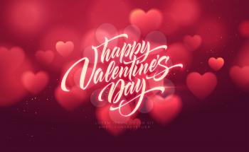 Bokeh Blurred Heart Shape Shiny Luxurious Background for Valentines Day congratulations. Handwriting lettering Happy Valentines Day. Vector illustration EPS10