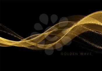 Golden flowing wave with sequins glitter dust isolated on black background. Vector illustration EPS10