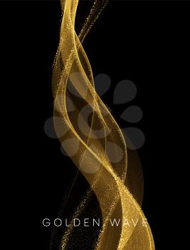Golden flowing wave with sequins glitter dust isolated on black background. Vector illustration EPS10