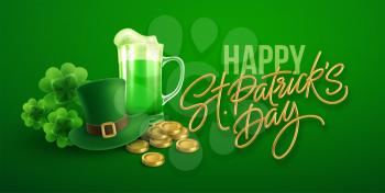 Happy St. Patricks Day greeting background for postcard, banner, poster. Leprechaun hat with clover leaves, green beer and gold coins. Vector illustration EPS10