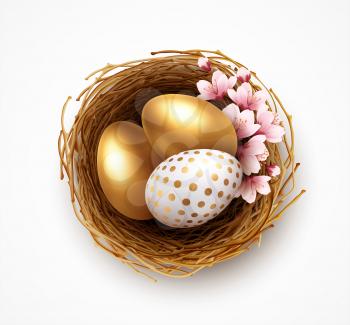 Happy easter greeting background with realistic easter eggs in the nest and spring flowers. Vector illustration EPS10