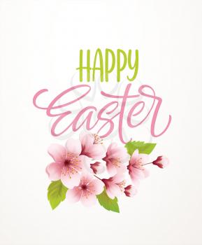 Happy Easter handwriting lettering on background with blooming spring cherry branch. Vector illustration EPS10