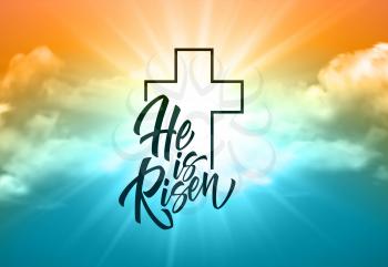 He was resurrected lettering against a background of clouds and sun. Background for congratulations on the Resurrection of Christ. Vector illustration EPS10