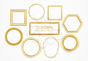 Set of gold metal realistic frames of different shapes isolated on white background. Vector illustration EPS10