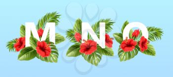 M N O letters surrounded by summer tropical leaves and red hibiscus flowers. Tropical font for summer decoration. Vector illustration EPS10