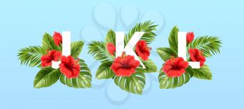 J K L letters surrounded by summer tropical leaves and red hibiscus flowers. Tropical font for summer decoration. Vector illustration EPS10