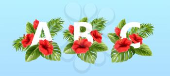 A B C letters surrounded by summer tropical leaves and red hibiscus flowers. Tropical font for summer decoration. Vector illustration EPS10