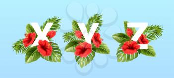 X Y Z letters surrounded by summer tropical leaves and red hibiscus flowers. Tropical font for summer decoration. Vector illustration EPS10