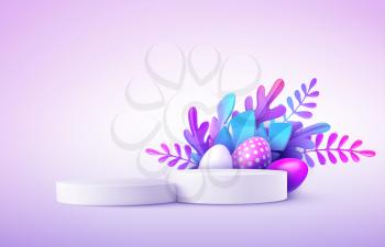 Realistic product podium with Easter eggs and fantastic tropical leaves. Product podium scene Easter design to showcase your product. Spring floral Modern Happy Easter. 3d vector illustration EPS10