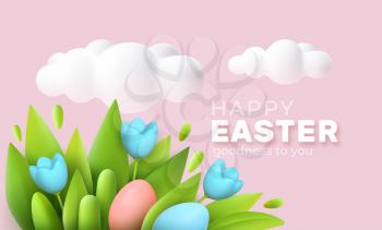 3D trendy Realistic Easter greeting card, banner with flowers, Easter eggs and clouds. Spring floral Modern 3d Easter graphic concept. Vector illustration EPS10