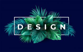Summer tropical design for banner or flyer with green tropical palm leaves and lettering. Vector illustration EPS10