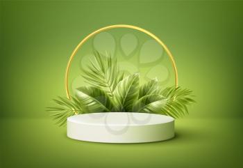 White product podium with green tropical palm leaves and golden round arch on green background. Background for product presentation. Vector illustration EPS10
