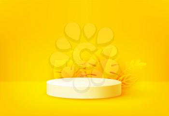 Bright yellow product podium surrounded by paper cut tropical palm leaves on a yellow backdrop. Background design for advertising leaflet, banner, flyer. Vector illustration EPS10