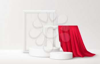 Realistic white Product podium with white picture frames and red silk drapery over white background. Blank background for product advertising. Vector illustration EPS10