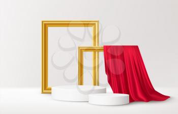 Realistic white Product podium with golden picture frames and red silk drapery over white background. Blank background for product advertising. Vector illustration EPS10