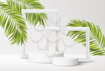 Realistic white Product podium with white picture frames and green tropical palm leaves isolated on white background. Blank background for product advertising. Vector illustration EPS10
