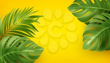 Bright yellow summer background with tropical realistic monstera and palm leaves. Background design for advertising leaflet, banner, flyer. Vector illustration EPS10