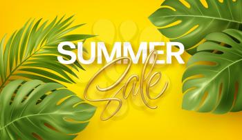 Golden lettering Summer Sale on Bright yellow summer background with tropical realistic monstera and palm leaves. Background design for advertising leaflet, banner, flyer. Vector illustration EPS10