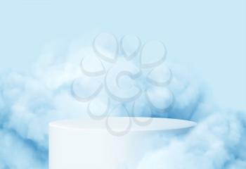 Blue background with a product podium surrounded by blue clouds. Smoke, fog, steam background. Vector illustration EPS10