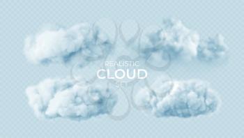 Realistic white fluffy clouds set isolated on transparent background. Cloud sky background for your design. Vector illustration EPS10