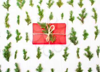 Christmas present in tree leaves. New Year's gift in red wrapping paper with branches of the Christmas tree. Concept christmas holiday