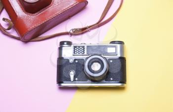 Vintage Camera, a concept hipster,background in pastel colors,view  above