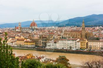 View from above of Firenze ,river and bridges from Piazzale Michelangelo, Florence, Italy