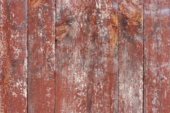 The old, vertical, wooden, frayed, the paint is red in the cracks. Background from the fence, the walls of the house