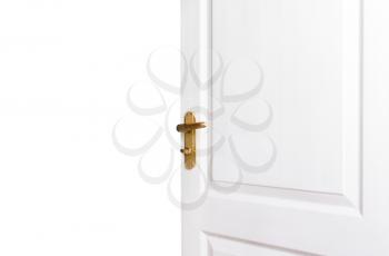 White doors with golden handle open. Entrance, exit to the room, house