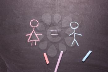 Figures of a man and a woman are drawn chalk on a blackboard. The concept of equality, feminism,gender
