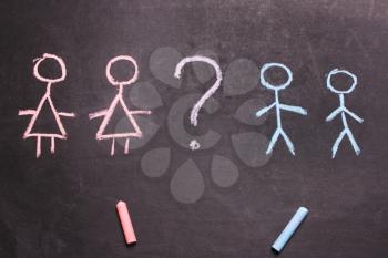 Figures of men and women are drawn chalk on a blackboard. Concept
  LGBT, equality, feminism, transgender,