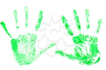 Prints of green paint from hands, palms on a white background.Concept of ecology, nature protection