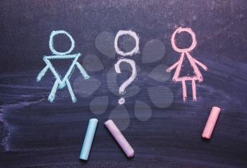 Figures of a man and a woman are drawn chalk on a blackboard. The concept , gender,transgender
