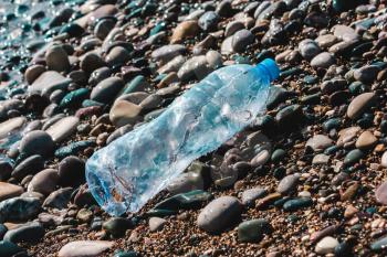Plastic bottle on the beach, on the beach. Concept of pollution of the environment, ocean, sea, nature. Save the planet.