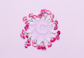 Frame of pink, purple flowers. Romantic, wedding background. Women's Day. flat top view.. Copy space