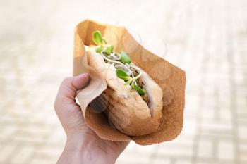 Vegan, vegetarian hot dog with soy sausage in female hand at a street festival