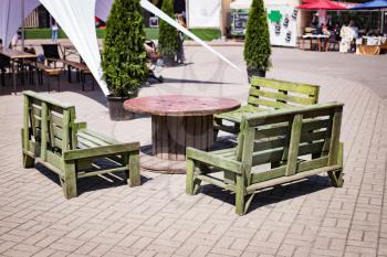 Furniture from wooden green pallets at a street festival